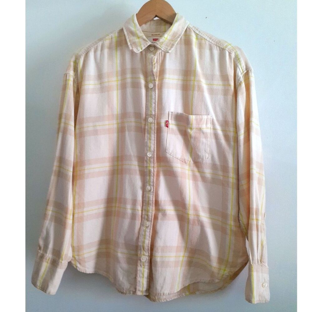 Levi's Relaxed Fit Tan Plaid Henri Flannel Button Up Red Tab Ladies Shirt Small